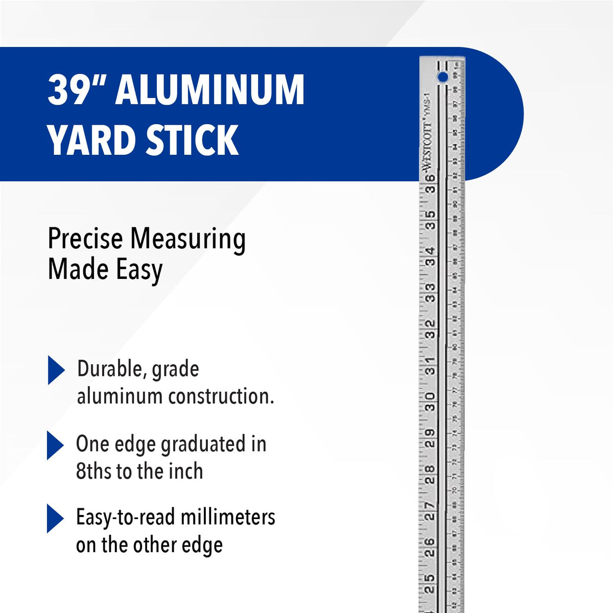Westcott Aluminum Yard/Meter Stick, 39-Inch/100cm, Silver, Model: YMS-1