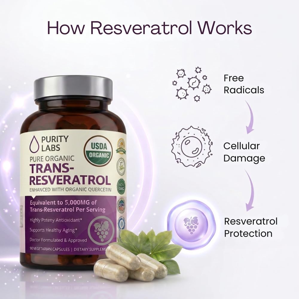 Purity Labs Trans-Resveratrol Supplement 5,000 mg Equivalent per Serving with Quercetin, USDA Organic High Potency Antioxidant, Vegan Capsules, 90 Count