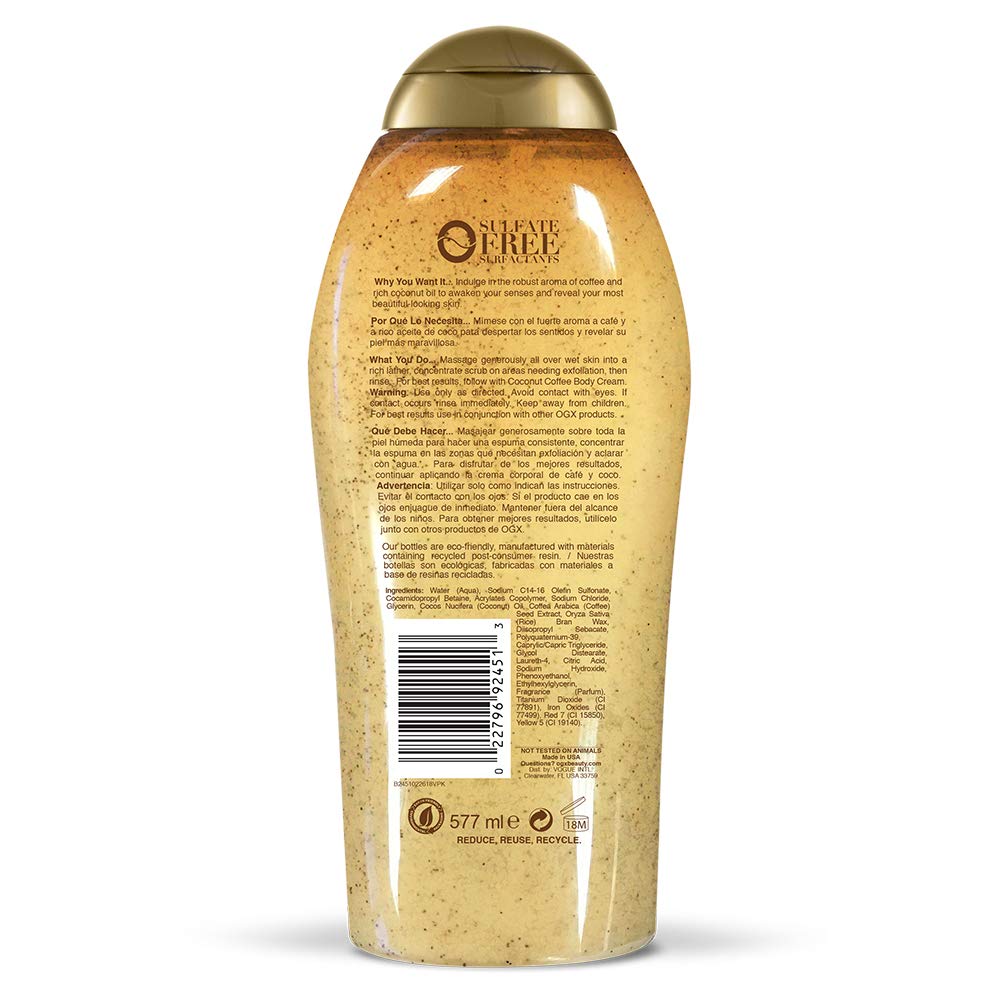 OGX Smoothing + Coconut Coffee Body Scrub, 19.5 fl oz | Infused with Arabica Coffee & Coconut Oil, Exfoliating, Hydrating Body Wash, Dry Skin, Paraben-Free, Sulfate-Free Surfactants