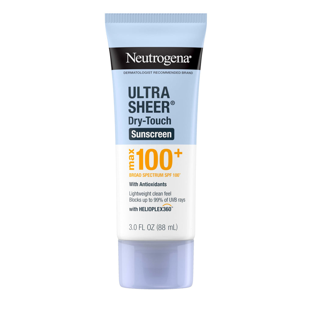 Buy now Neutrogena Ultra Sheer Dry-Touch Sunscreen Lotion, Max 100+ Broad Spectrum SPF 100 UVA/UVB Protection, Lightweight, Non-Greasy Sunscreen, Oxybenzone-Free, Antioxidant, Travel Size, 3 fl oz at indiglob india