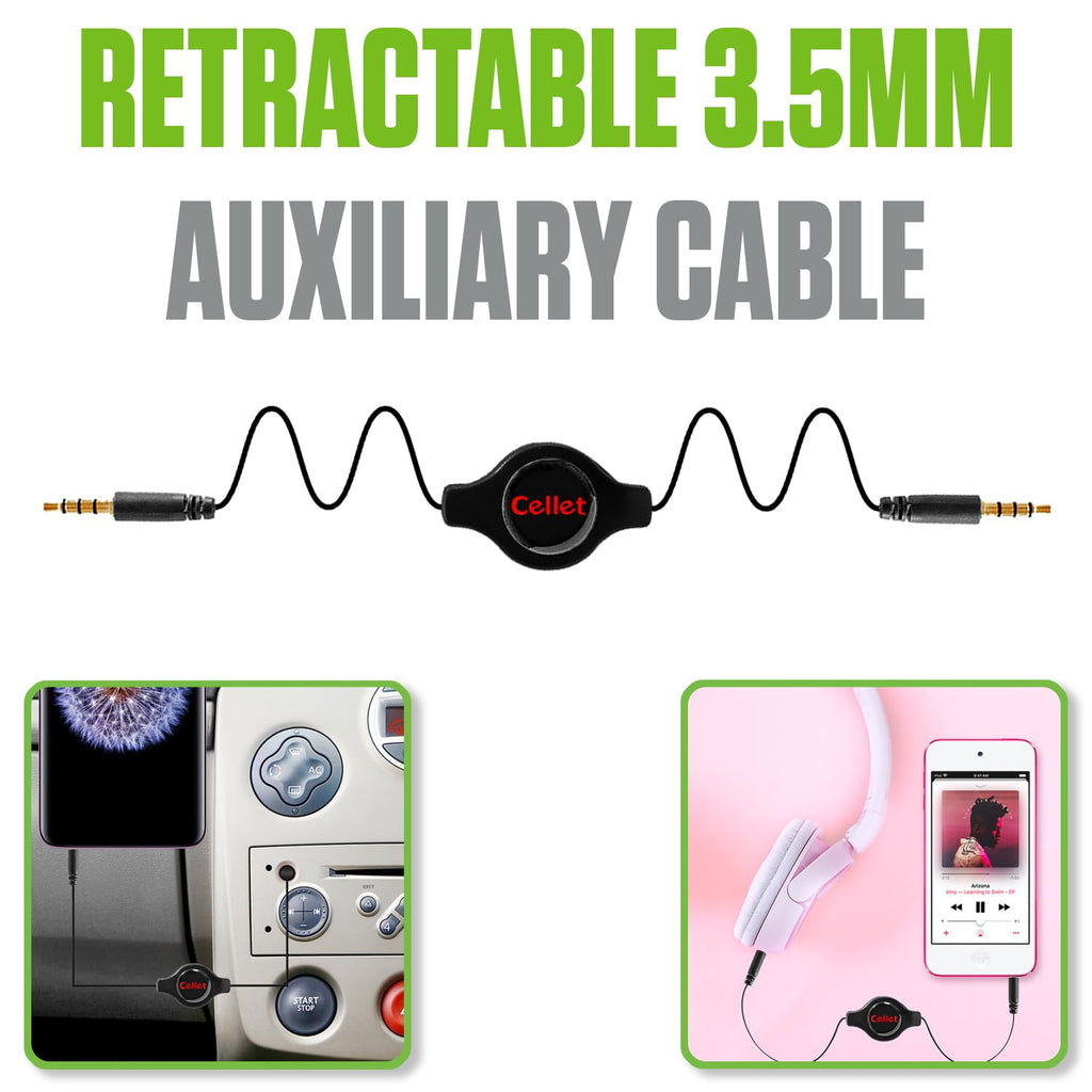 Buy now Cellet Retractable Stereo Auxiliary Cable – 32" Extendable Aux Cord for Car, Headphones, Speakers & More – Compact, Tangle-Free Design – 3.5mm Male to 3.5mm Male Audio Jack – Black at indiglob india