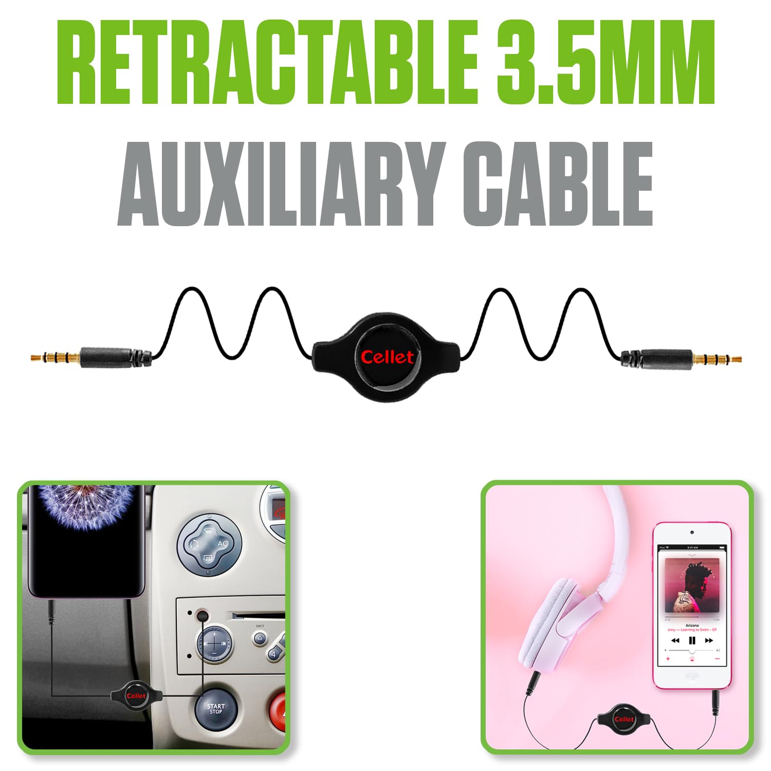 Buy now Cellet Retractable Stereo Auxiliary Cable – 32" Extendable Aux Cord for Car, Headphones, Speakers & More – Compact, Tangle-Free Design – 3.5mm Male to 3.5mm Male Audio Jack – Black at indiglob india