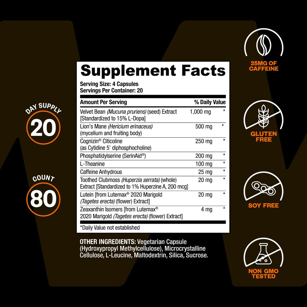 ONNIT Alpha Brain Black Label Nootropic, Citicoline & Lions Mane, 80 Count | IGEN Non-GMO Tested; Citicoline, Lions Mane, Lutemax Lutein, L-Theanine & Mucuna Pruriens; concentration, memory support