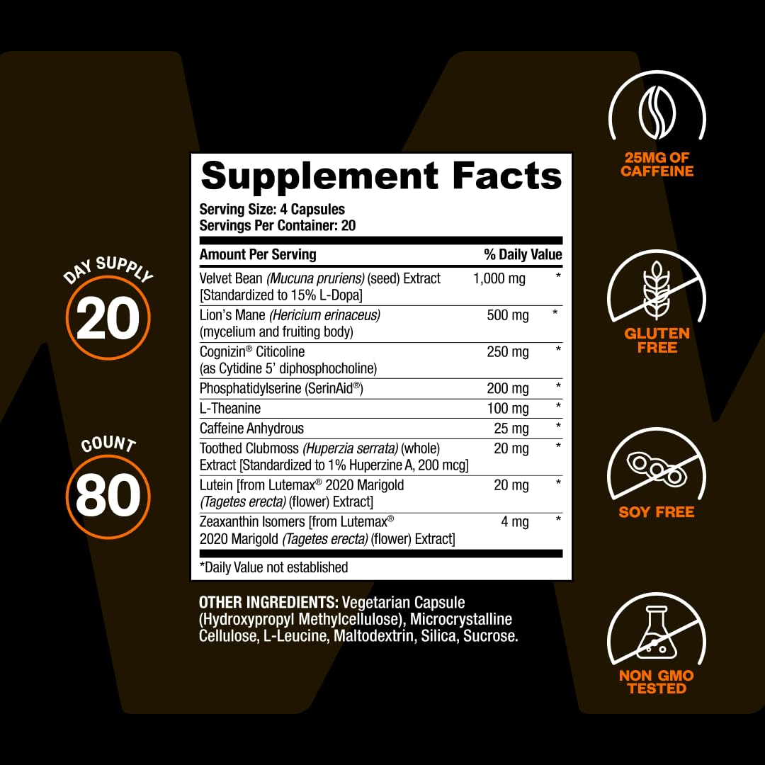 ONNIT Alpha Brain Black Label Nootropic, Citicoline & Lions Mane, 80 Count | IGEN Non-GMO Tested; Citicoline, Lions Mane, Lutemax Lutein, L-Theanine & Mucuna Pruriens; concentration, memory support