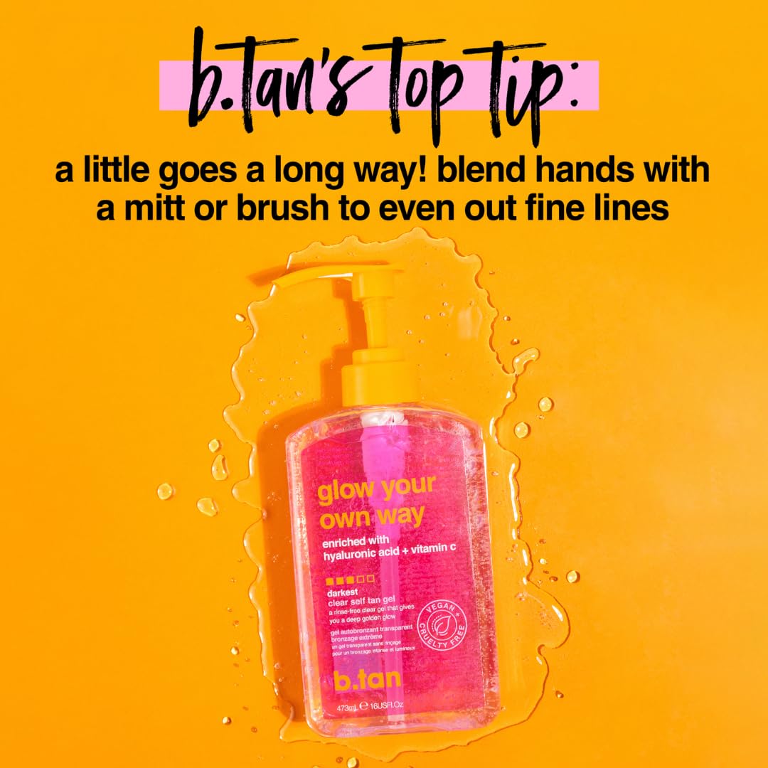 b.tan Dark Clear Self Tan Gel | Glow Your Own Way - Best Transfer Resistant, Ultra Quick Bronze, Gradual Sunless Tanning Lotion, Deep Moisturizer, No Fake Tanner Smell, 16 Fl Oz