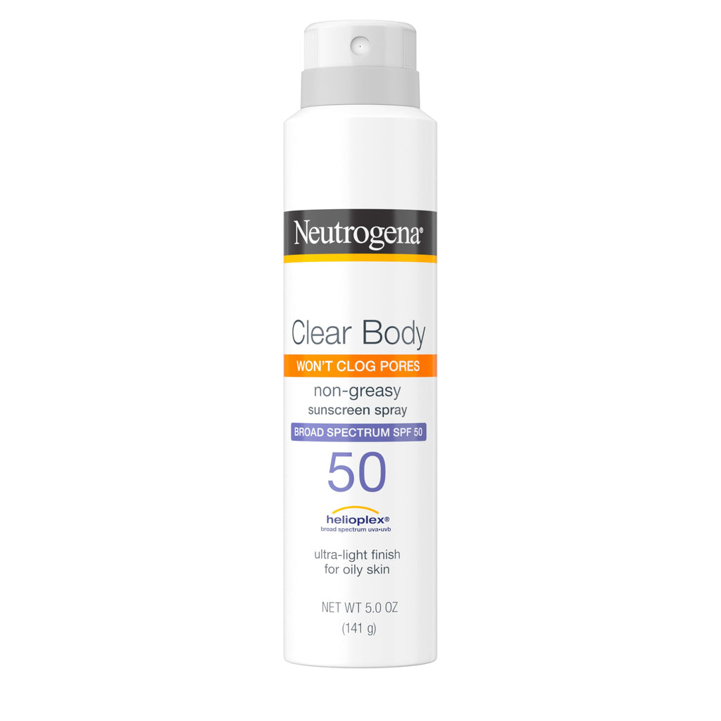 Neutrogena Clear Body Sunscreen Spray SPF 50, 5 oz | Broad Spectrum UVA/UVB Sun Protection, Water-Resistant, Non-Comedogenic, Lightweight Body Sunscreen, Vitamin E & Niacinamide
