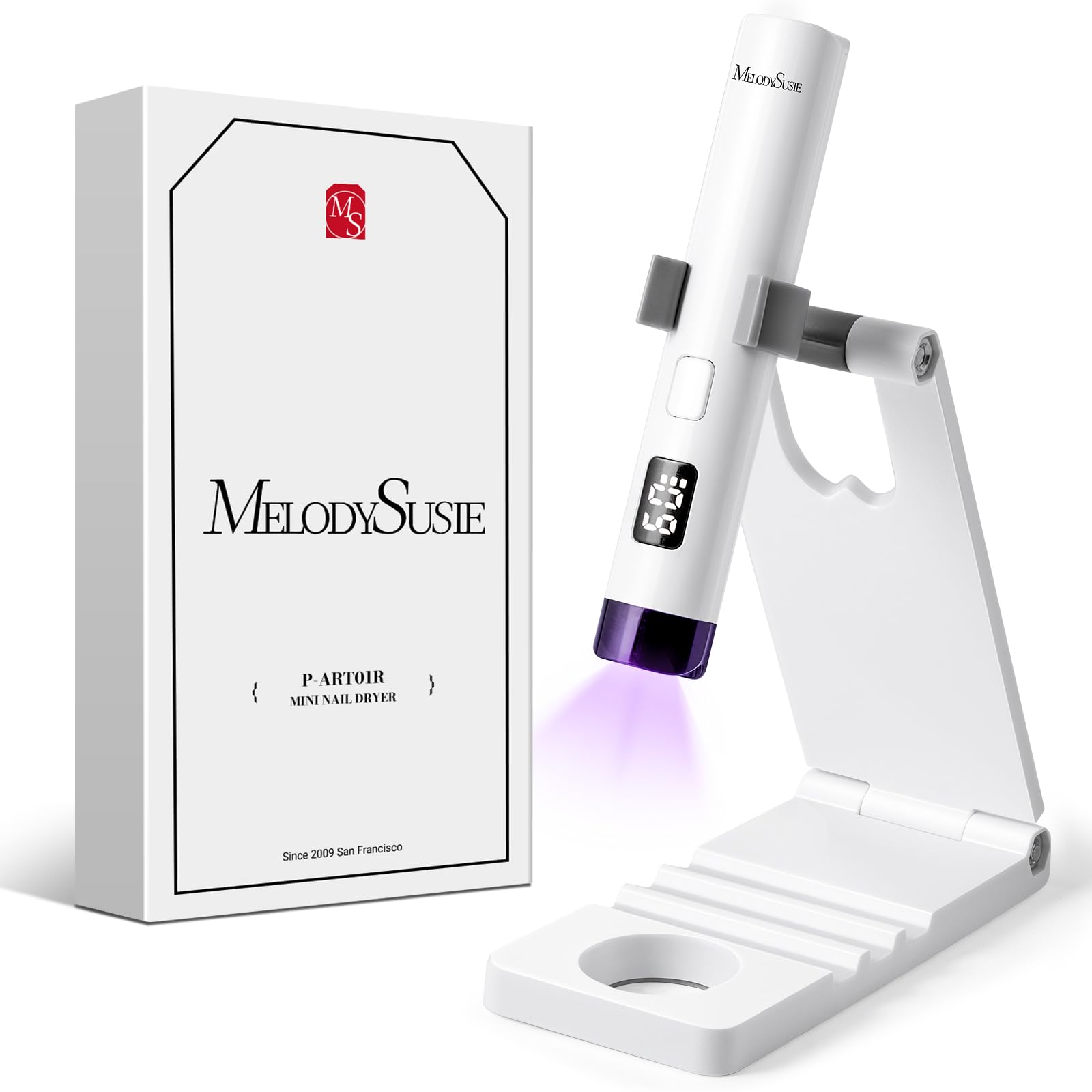 MelodySusie Handheld UV Light for Gel Nails P-ART01R with Stand, Hands-Free | Mini Portable Cordless Nail Lamp with LCD Display, Eye-Protective Cover, Flash Curing Glue, 450mAh Battery