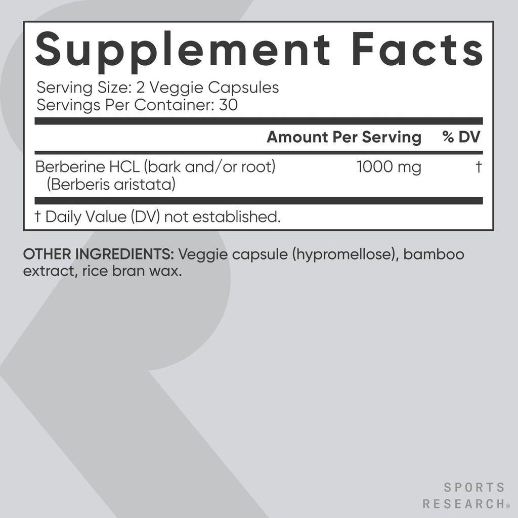 Sports Research® Berberine 1000mg, 60 Veggie Capsules | Herbal Ayurvedic Metabolic Health Support | Vegan Certified, Gluten-Free, Non-GMO - 30 Servings