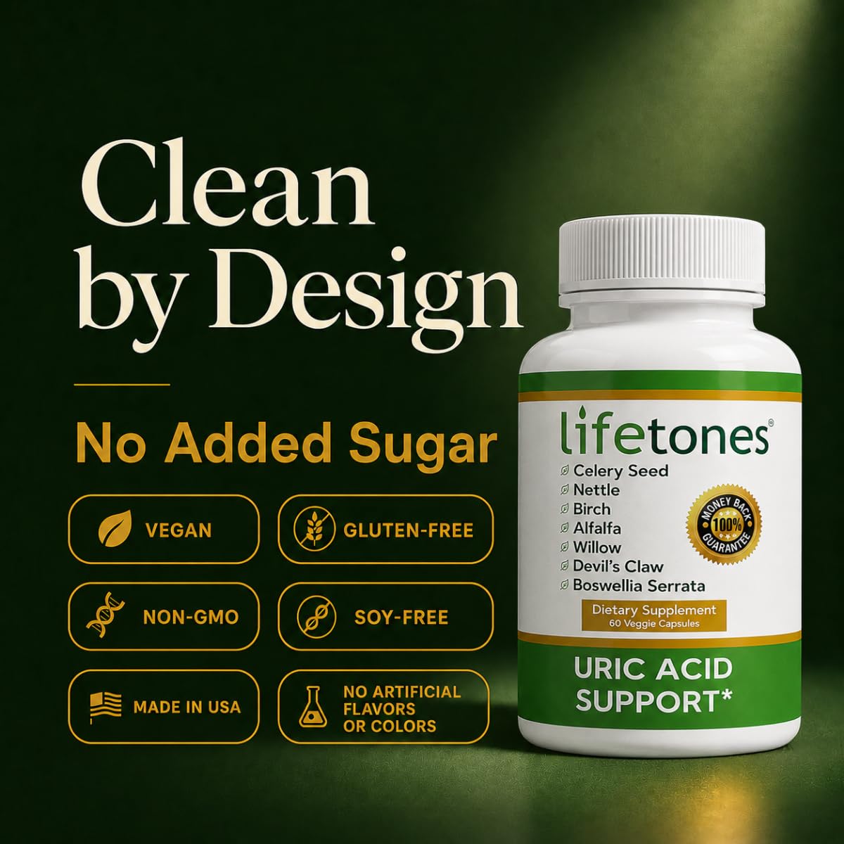Lifetones Uric Acid Support Capsules – 7-Herb Formula with Boswellia, Devil's Claw, White Willow & Celery Seed – No Herbal Taste – Supports Healthy Uric Acid Levels & Joint Comfort – 60 Vegan Capsules