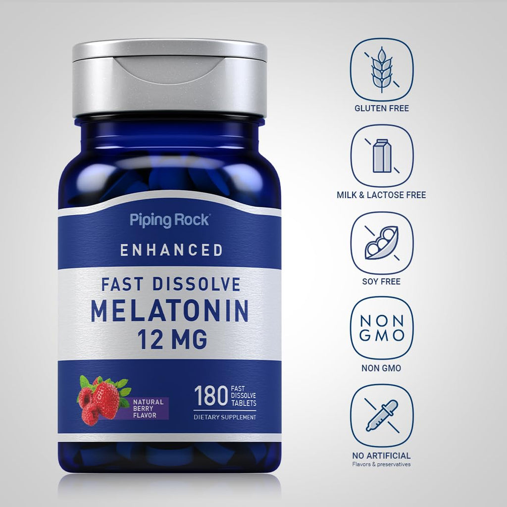 Piping Rock Melatonin 12 mg | 180 Fast Dissolve Tablets | Berry Flavor