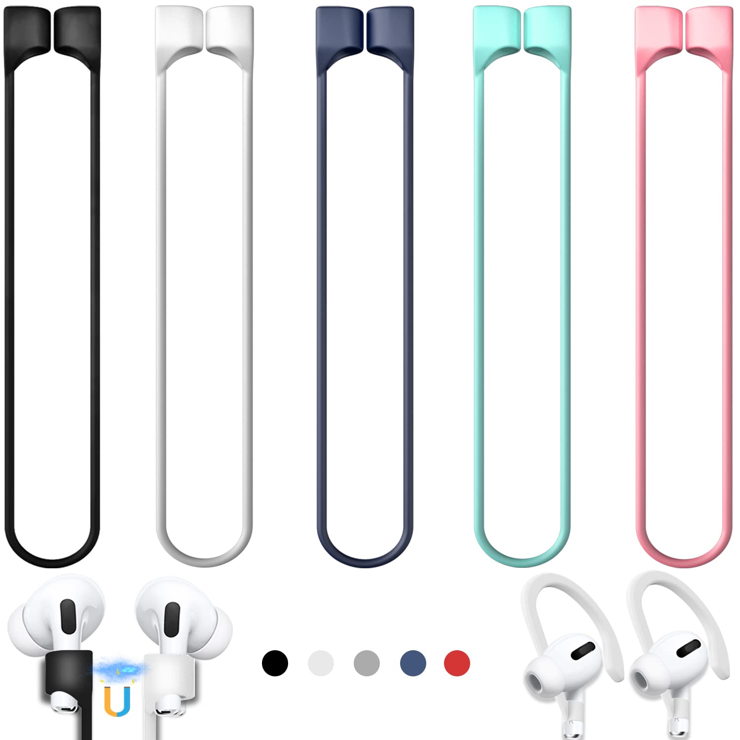 Buy now 5 Pack Ultra Strong Magnetic AirPods Pro Straps, Anti-Lost Neck Cord for AirPods Pro 3 2025,AirPods 4th, AirPods Pro 2nd/1st, AirPod 3rd, AirPod 2nd/1st - 5 Pcs Silicone Sports Lanyard and 2 Ear Hook A2-black+white+dark Blue+green+pink at indiglob india