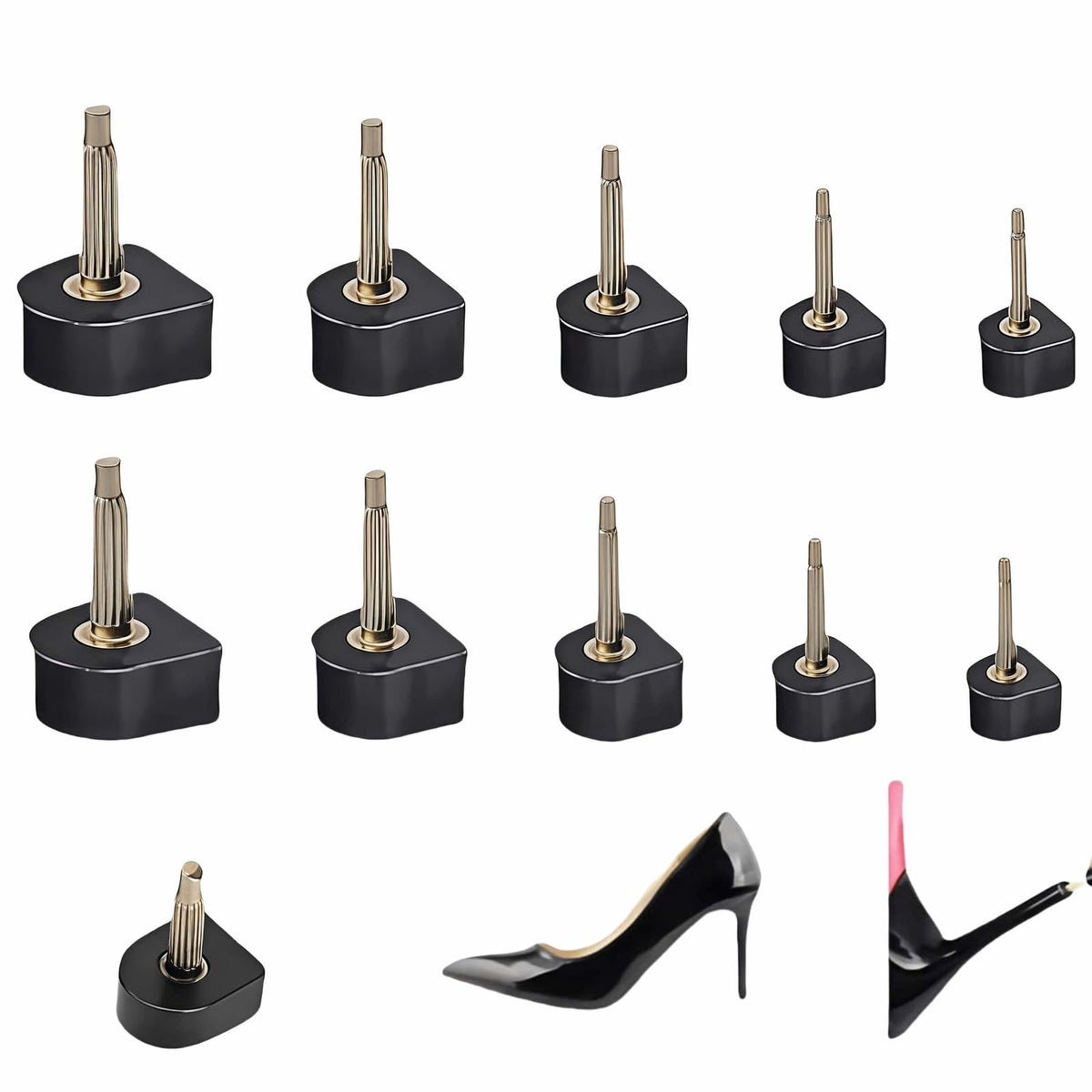 10 Pairs High Heel Tips Replacement - U/Cap Style, 2.4mm & 3mm Metal Core, 5 Sizes (8-12mm) | Durable Non-Slip Heel Caps for Women's Shoes | Quiet, Quick DIY Installation (Black)