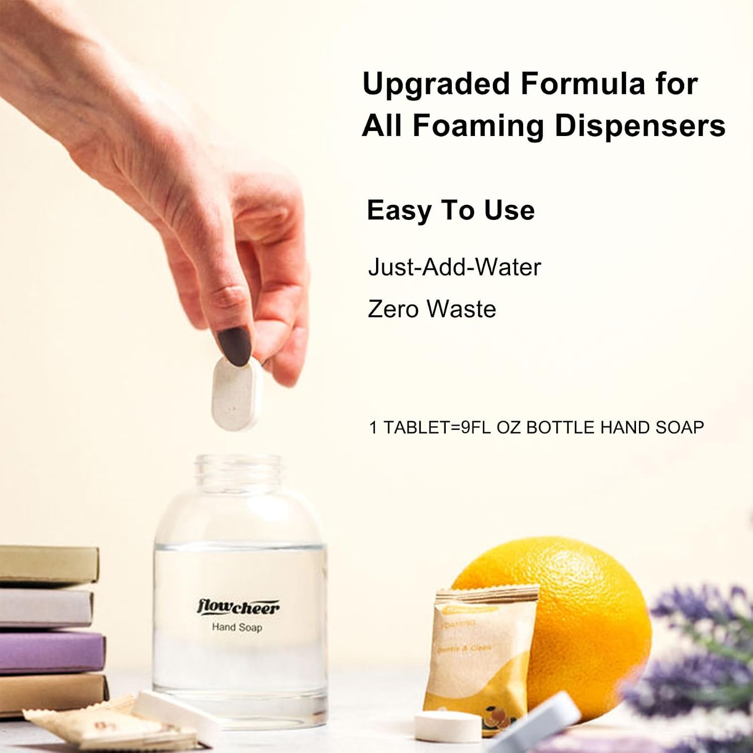 Flowcheer hand soap tablets for foaming dispensers. Easy to use, zero waste. Verified by CuratCart for trust.