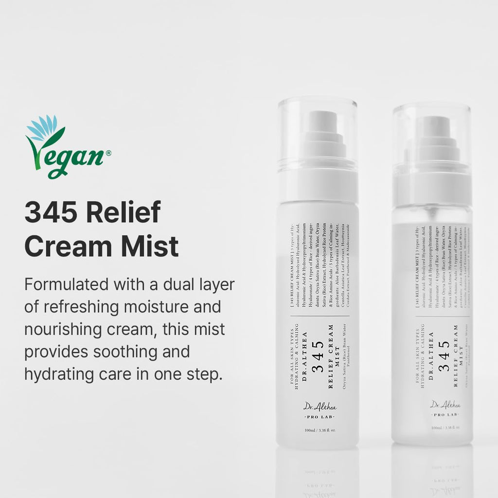Dr.Althea 345 Relief Cream Mist, Korean Vegan Skin Care, 3.38 Fl Oz | Insant Hydration, Calming Skin Irritation with Hyaluronic Acid, Panthenol, Centella Asiatica Leaf Water, Madecassoside
