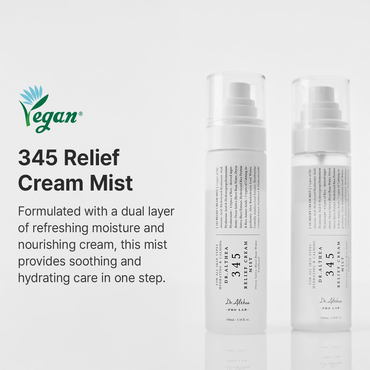 Dr.Althea 345 Relief Cream Mist, Korean Vegan Skin Care, 3.38 Fl Oz | Insant Hydration, Calming Skin Irritation with Hyaluronic Acid, Panthenol, Centella Asiatica Leaf Water, Madecassoside