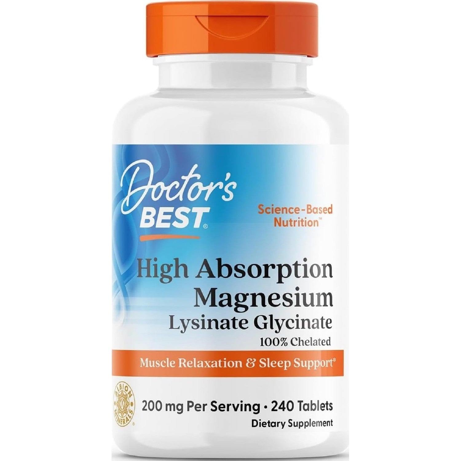 Doctor's Best High Absorption Magnesium Glycinate Lysinate Supplement for Sleep Support - Chelated Magnesium Tablets for Women & Men, 200mg per Serving, Supports Calm & Relaxation, Vegan - 240 Count