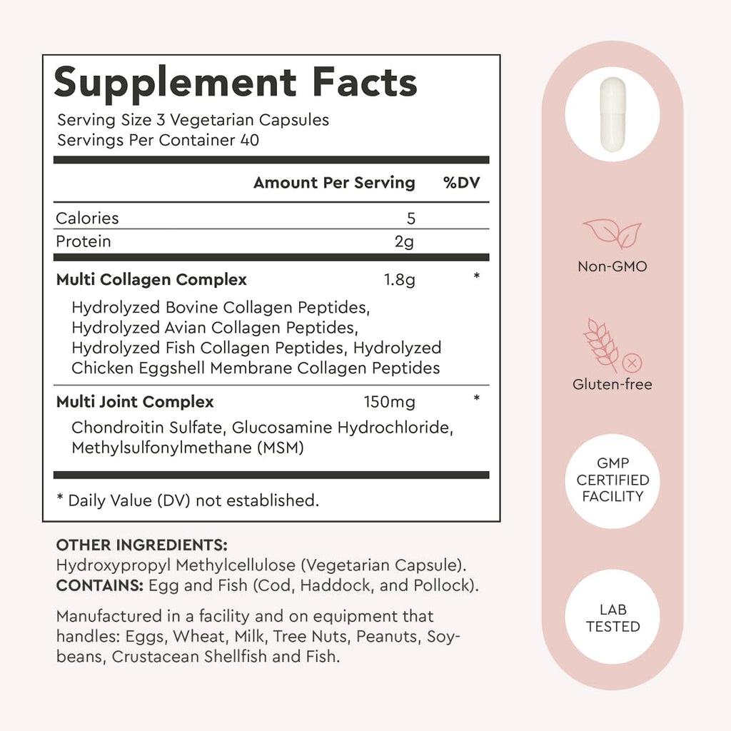 Alaya Multi Collagen Capsules, 5 Types, MSM, Grass-Fed, 120 Count