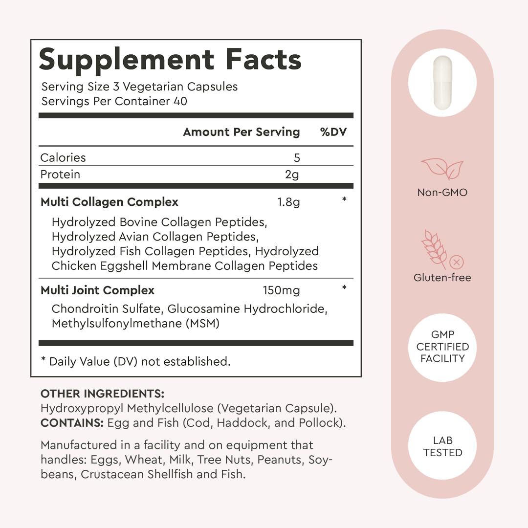 Alaya Multi Collagen Capsules, 5 Types, MSM, Grass-Fed, 120 Count