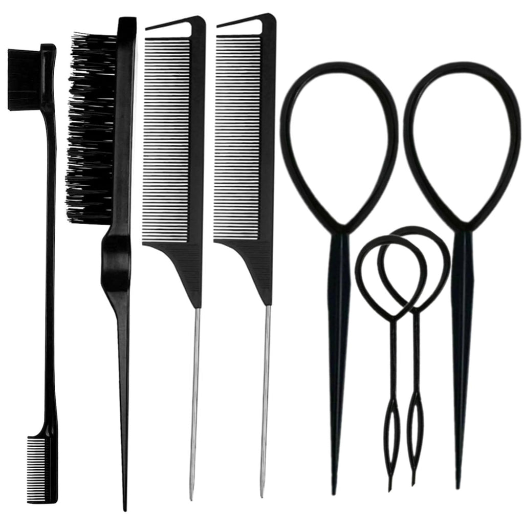 ZVOREI 8Pcs Hair Brushes Set wit, Pink 4Pcs Topsy Hair Tail Tools | 1Pcs Bristle Teasing Hair Brush 1Pcs Edge Control Brush 2Pcs Metal Pin Rat Tail Combs for Woman Girl Hair Styling