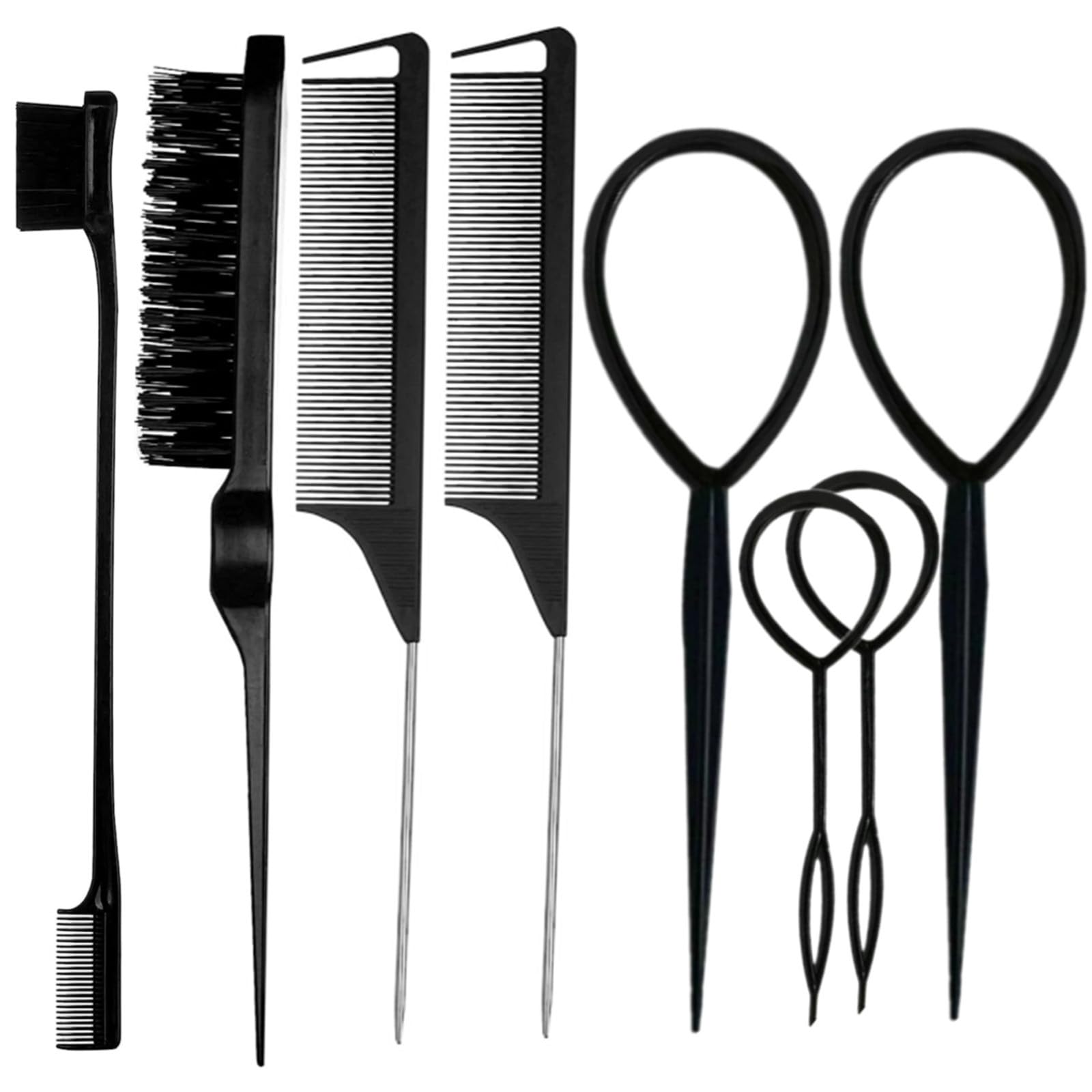 ZVOREI 8Pcs Hair Brushes Set wit, Pink 4Pcs Topsy Hair Tail Tools | 1Pcs Bristle Teasing Hair Brush 1Pcs Edge Control Brush 2Pcs Metal Pin Rat Tail Combs for Woman Girl Hair Styling