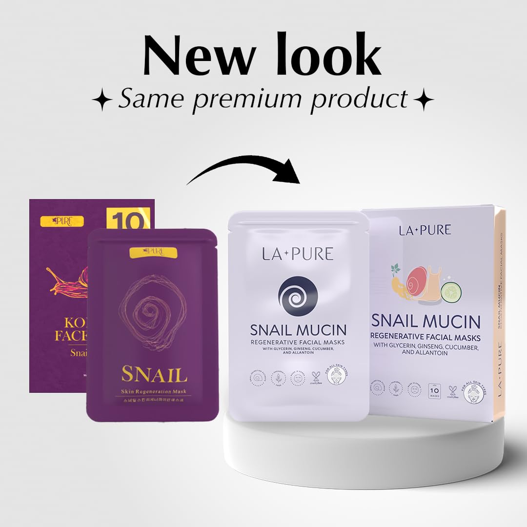 Buy now LA PURE Snail Mucin Mask – 10ct Korean Sheet Mask Pack for Signs of Aging, Aid Skin Repair & Hydration – Pure Snail Mask for Face with Collagen & Hyaluronic Acid – Cruelty-Free Hydrating Sheet Mask at indiglob india