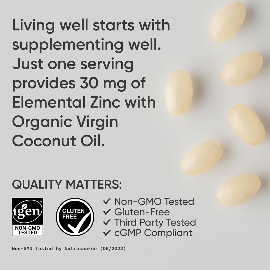 Sports Research® Zinc Picolinate 30mg w/Organic Coconut Oil, 90 Softgels | High Potency Zinc Supplement for Healthy Immune & Enzyme Function - Non-GMO Tested & Gluten-Free, 90 Servings