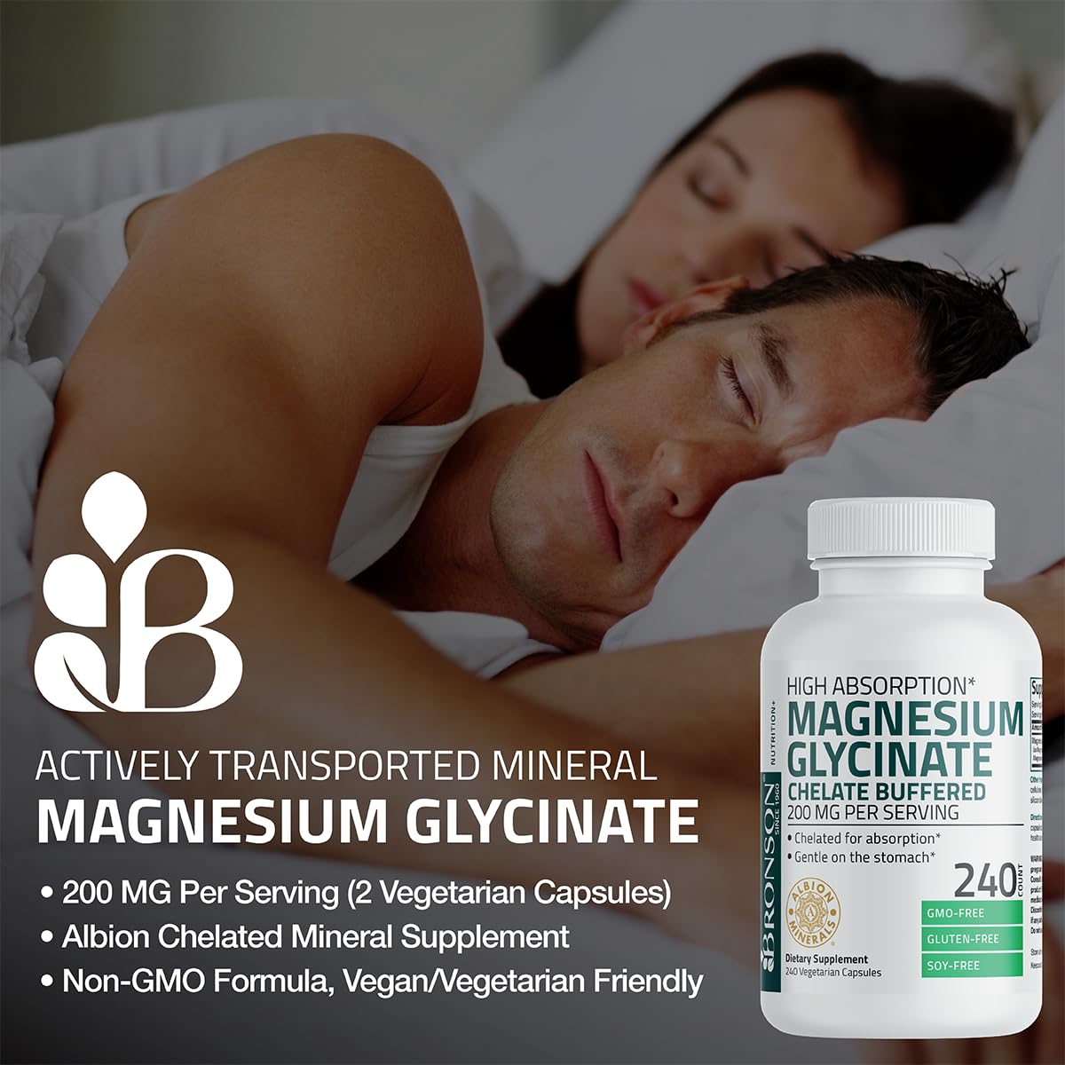 Bronson Magnesium Glycinate 200 MG Chelated High Absorption, 120 Capsules | Stress Relief, Sleep, Heart Health, Nerves, Muscles, and Metabolism Support, Vegetarian, Non-GMO, Gluten Free, Soy Free