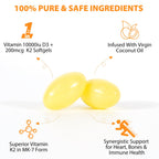 Vitamin D3 K2 Supplement Softgel, Vitamin D3 K2 Softgel with 10000 IU Supports Immune, Heart, Teeth & Bone Health, Free of GMO, Gluten, Soy, 120 Softgels
