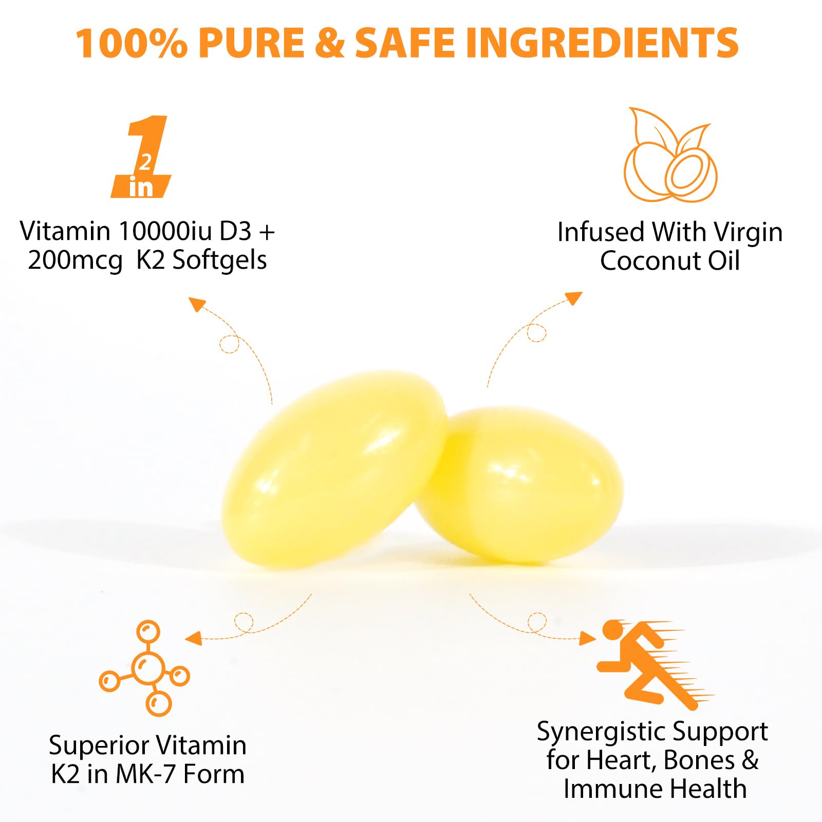 Vitamin D3 K2 Supplement Softgel, Vitamin D3 K2 Softgel with 10000 IU Supports Immune, Heart, Teeth & Bone Health, Free of GMO, Gluten, Soy, 120 Softgels