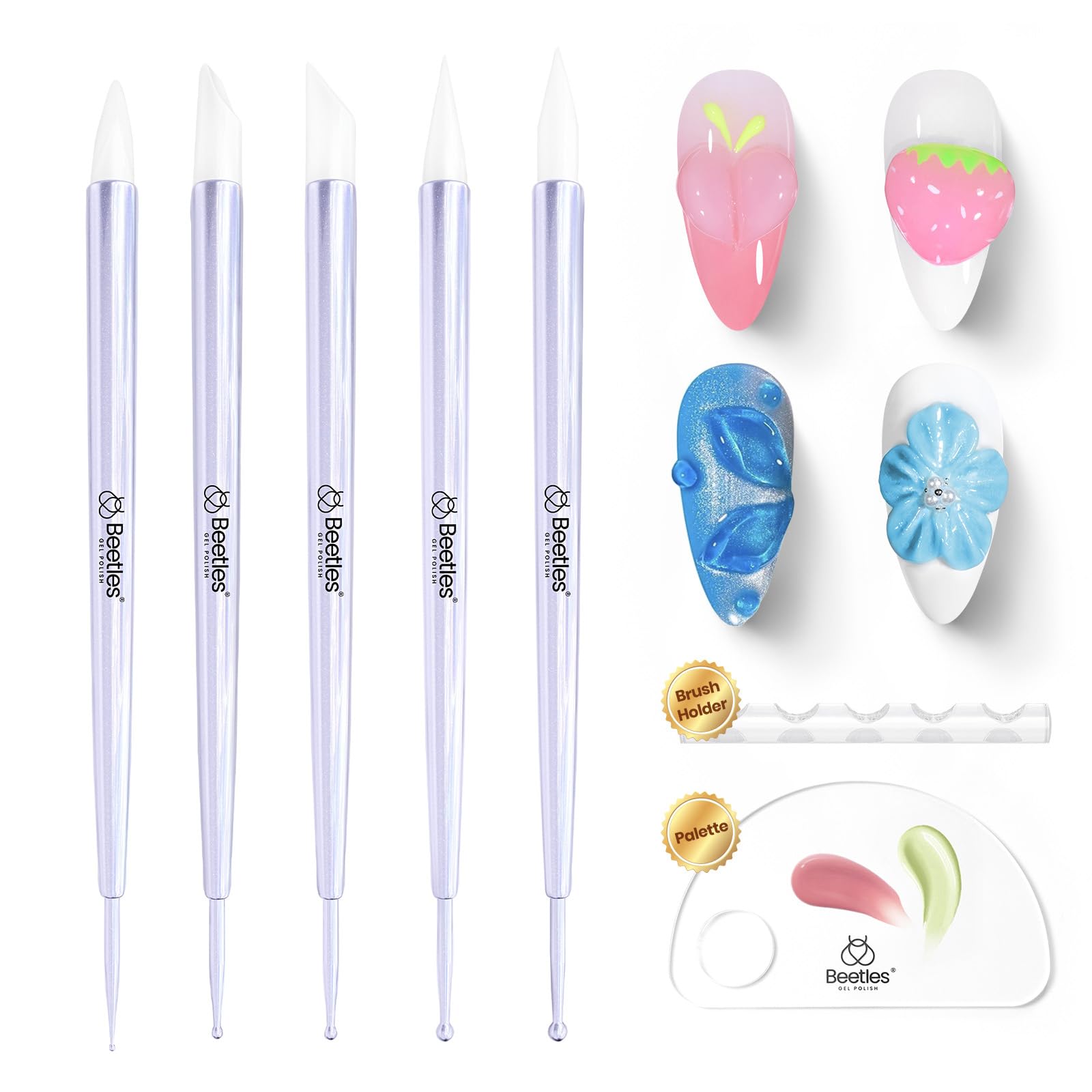 Beetles Acrylic Nail Brush Set, 3Pcs Size 6/10/14 for Acrylic Powder | Includes 3 Size Brushes with a Steel Cleaning Comb for Acrylic Powder Application, Extensions, and 3D Carving DIY Nail Art
