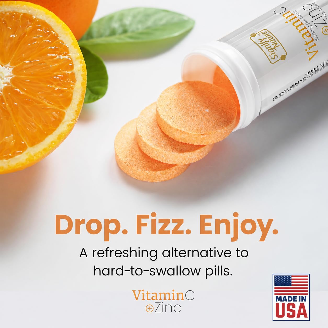 SIGNIFY NATURE Vitamin C 1000mg Effervescent Tablets with Zinc, 20CT | Potent Immune Support with Zinc, Sugar-Free & Vegan, Dissolvable Fizzy Tablet, Water Soluble, Easy Daily Vitamin C Boost