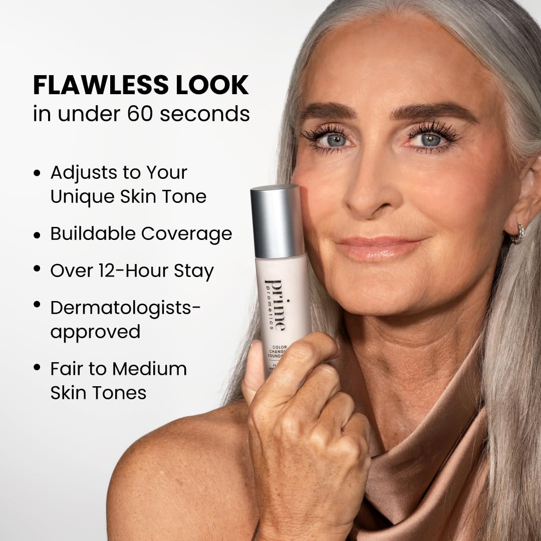 Prime Prometics Color Changing Foundation for Mature Women | Instantly Adapts to Your Skin Tone, Buildable Light-to-Medium Coverage, 12-Hour Wear, Natural Dewy Finish, Hypoallergenic