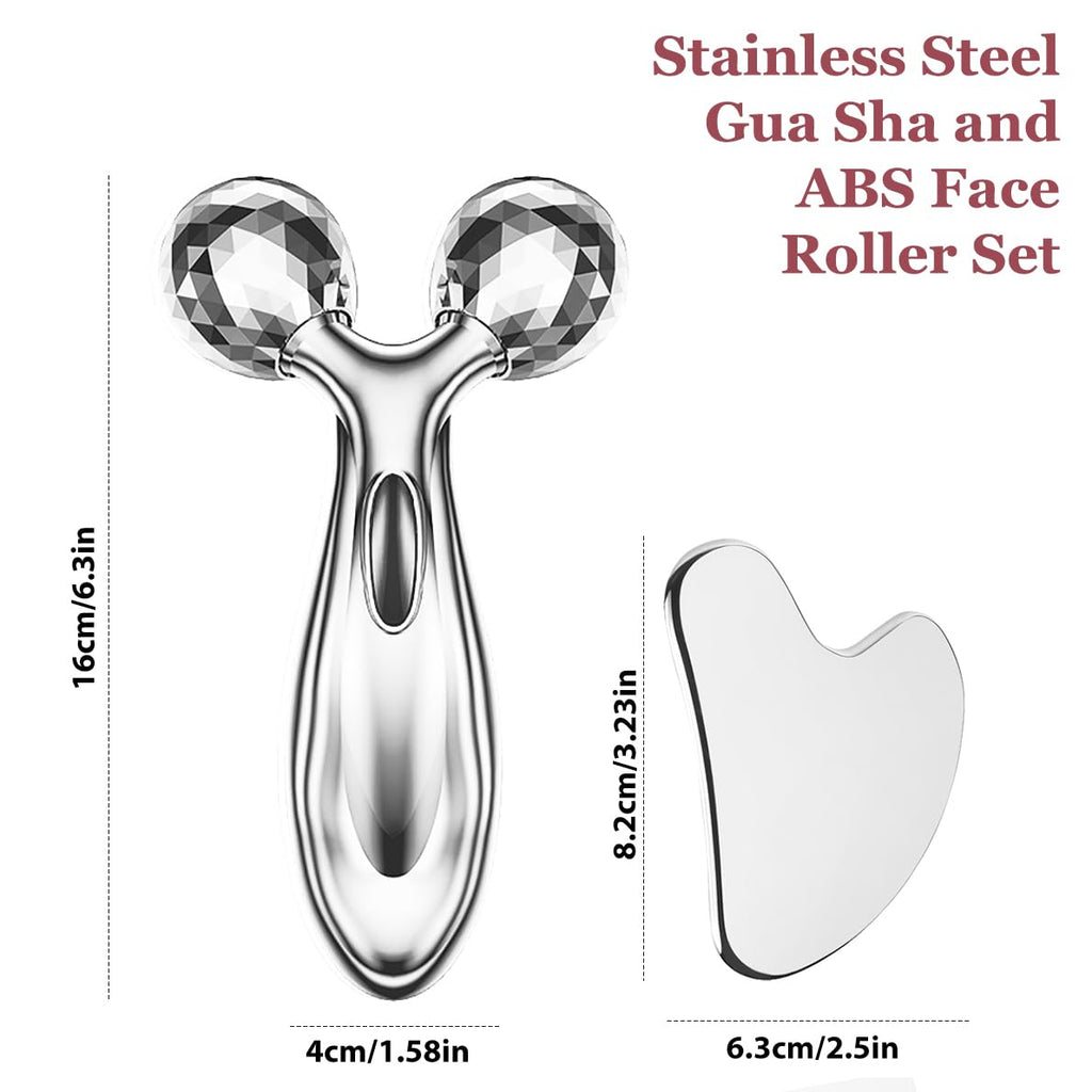 Stainless Steel Gua Sha and Face Roller Set, Facial Tool for Face Sculpting, Metal Skin Care, Massager for Women