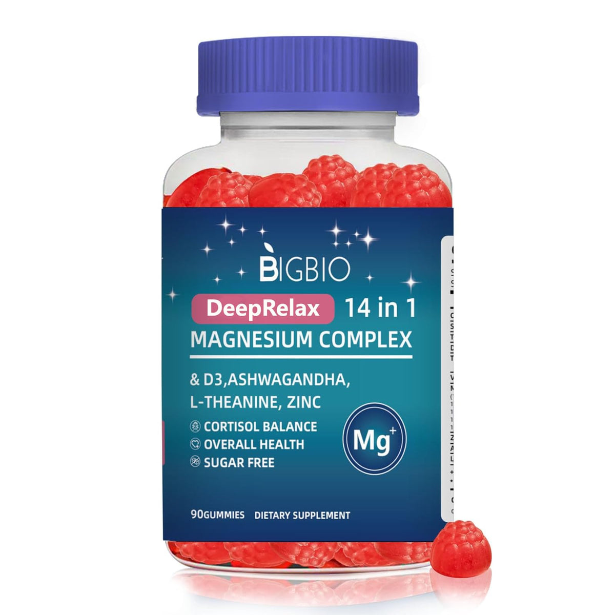 Magnesium Complex 14-in-1 Gummies Sugar-Free – with Ashwagandha, L-Theanine, D3 & Zinc – Cortisol Supplements for Women – Berry Flavor 90 Gummies 45 Servings