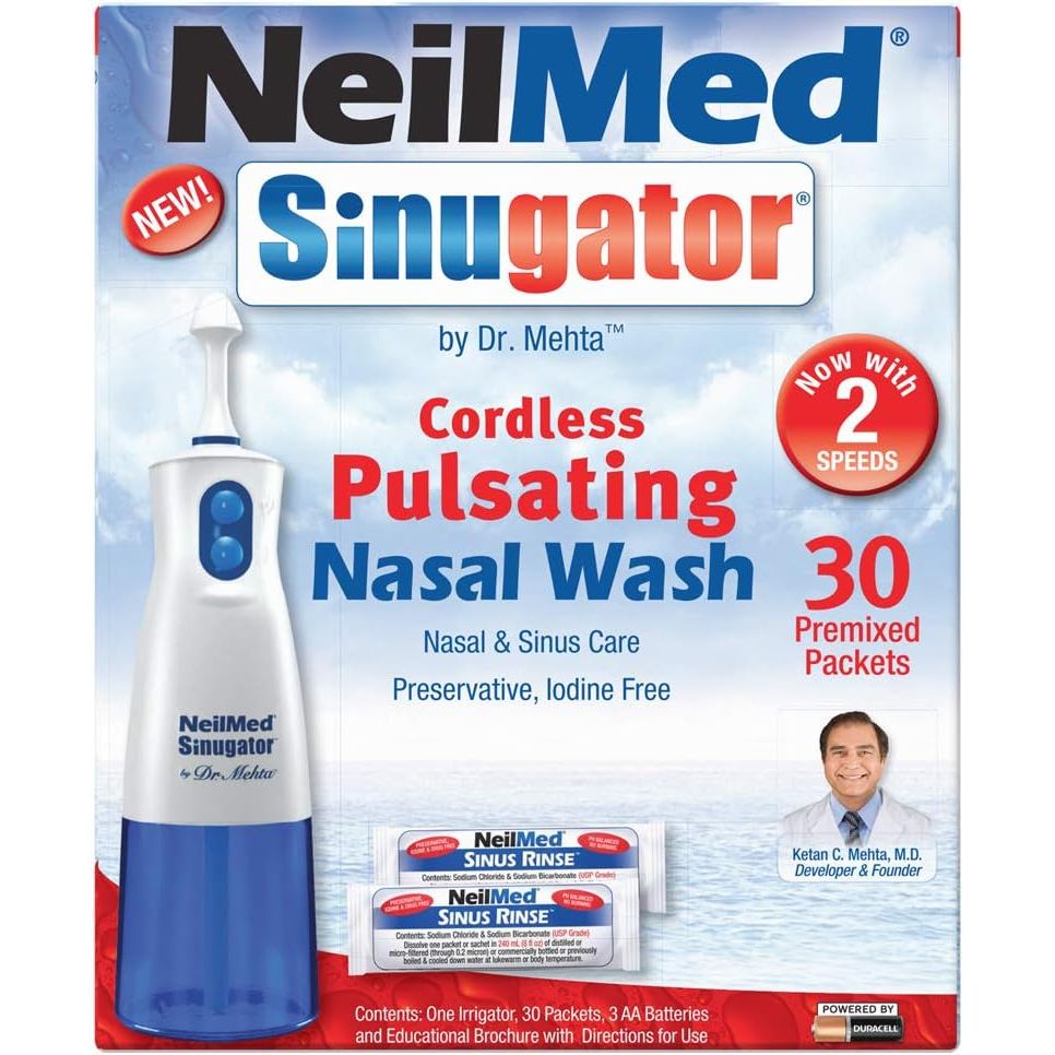 Buy now NeilMed Sinugator Cordless Pulsating Nasal Wash Kit with One Irrigator, 30 Premixed Packets and 3 AA Batteries(Pack of 1) at indiglob india