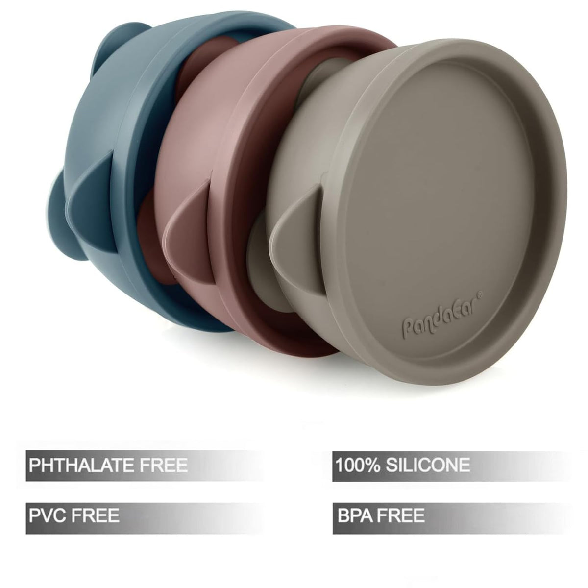 PandaEar 3 Pack Baby Suction Bowls with Lids – Stay Put Silicone Toddler Bowls for Self-Feeding & Travel, 100% Food Grade BPA-Free, Leakproof Feeding Set (Muted Earth Tones)