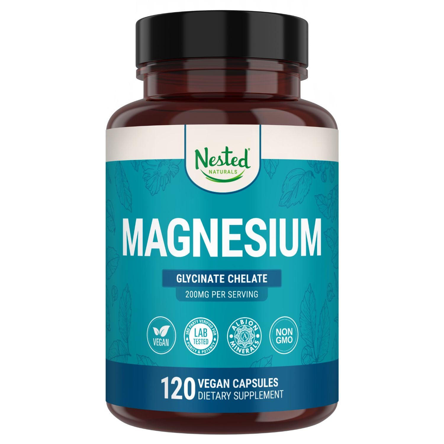 Nested Naturals Magnesium Glycinate Chelate - 200mg Chelated Magnesium Supplement for Muscle Cramps, Relaxation, & Sleep Support - 100% Albion TRACCS Buffered Magnesium Glycinate - 120 Vegan Capsules