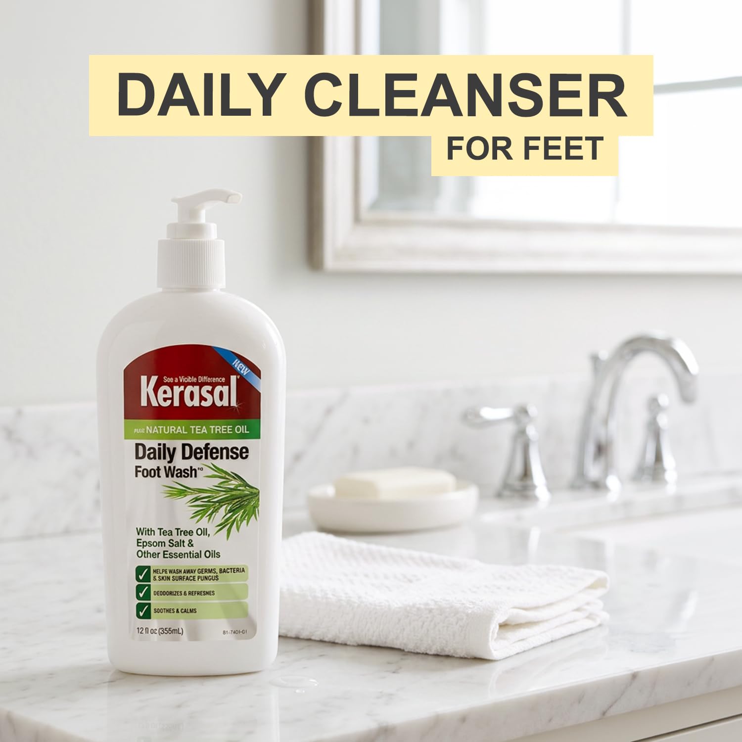 Kerasal Daily Defense Foot Wash, Cleanser, 12 oz | Daily foot cleanser with tea tree oil washes away odor and impurities to help feet feel clean and refreshed.