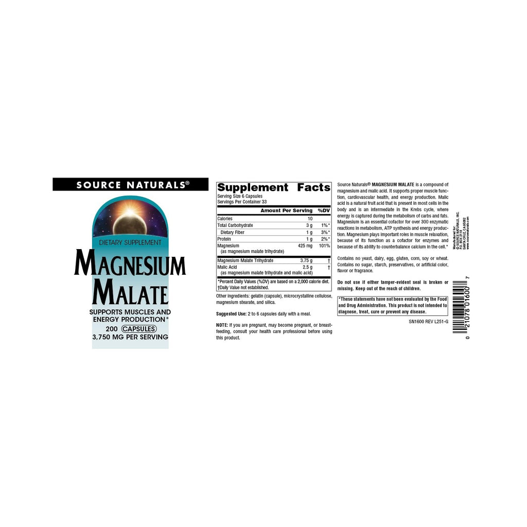 Source Naturals Magnesium Malate, 3750 mg per Serving - 200 Capsules | Support Muscles and Energy Production*