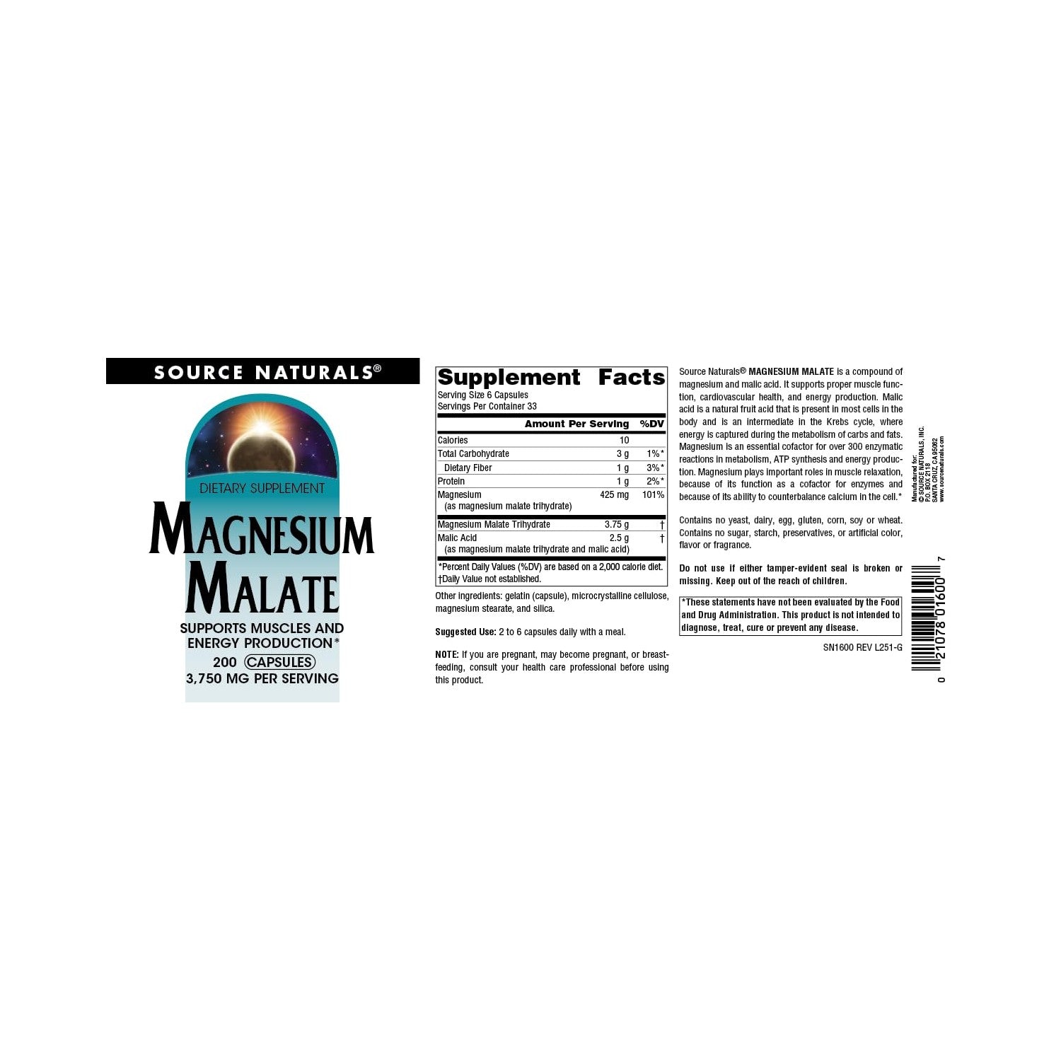 Source Naturals Magnesium Malate, 3750 mg per Serving - 200 Capsules | Support Muscles and Energy Production*