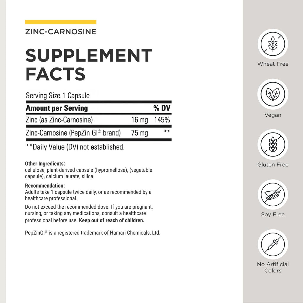 Integrative Therapeutics Zinc-Carnosine - Digestive & Gut Health Support* - GI Tract Support* - Supports Immune Health* - Easy-to-Swallow - Vegan, Gluten-Free & Dairy-Free - 60 Capsules (60 Servings)