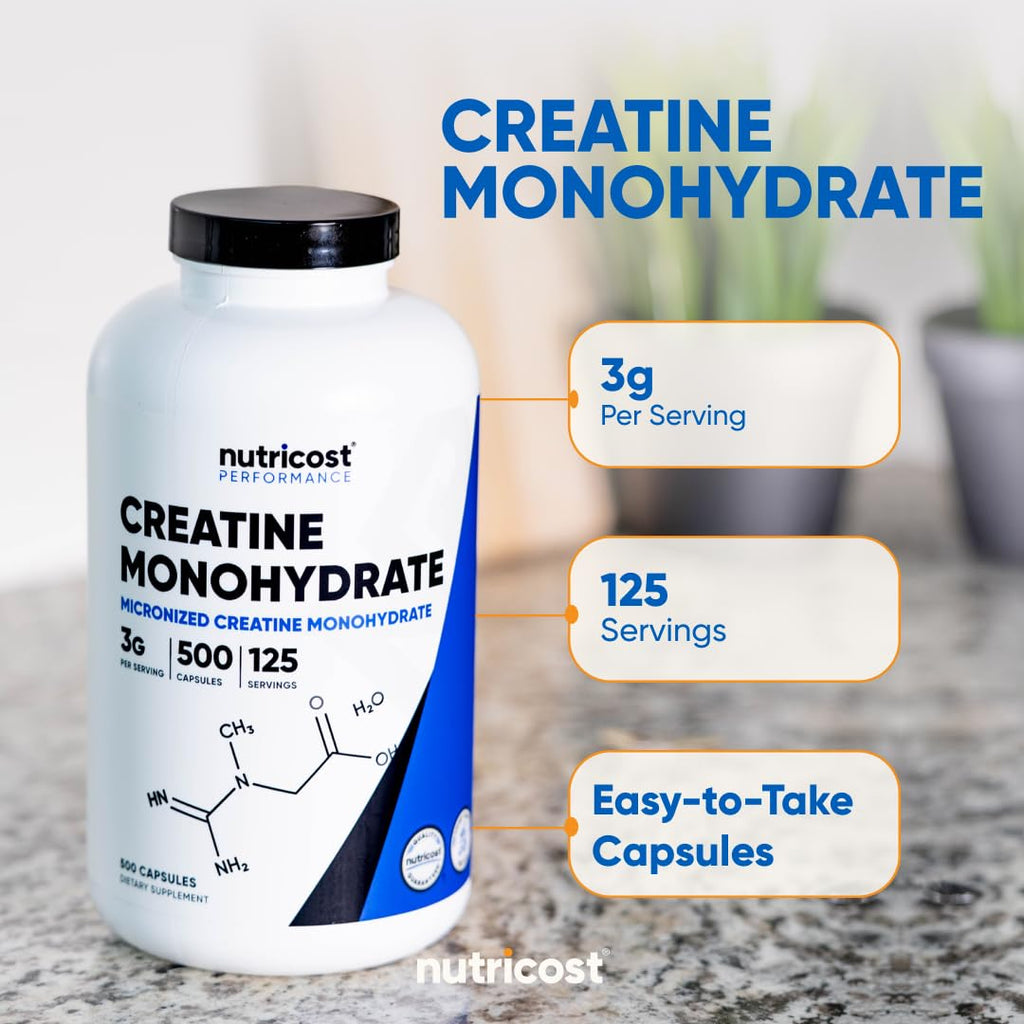 Nutricost Micronized Creatine Monohydrate (3,000mg) 500 Capsules | 125 Servings, 750mg Creatine Per Capsule