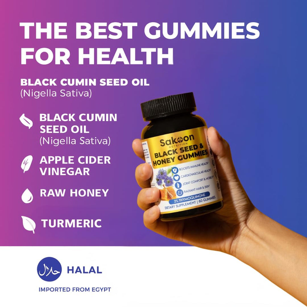 Sakoon Nutrition Black Seed Oil Gummies with Honey – Black Cumin Seed Oil (Nigella Sativa) with 2%+ Thymoquinone – Immune, Joint, Digestion, Hair & Skin Support – 60 Halal Gummies