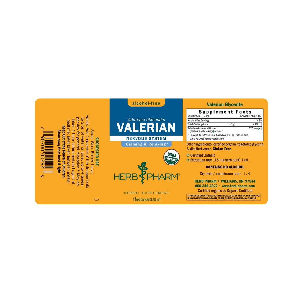Herb Pharm Valerian Alcohol-Free Extract: Organic Liquid Glycerite for Sleep & Relaxation, Calming Nighttime Sleep Support Supplement for Adults, Sugar-Free, Up to 24 Week Supply, 4 oz