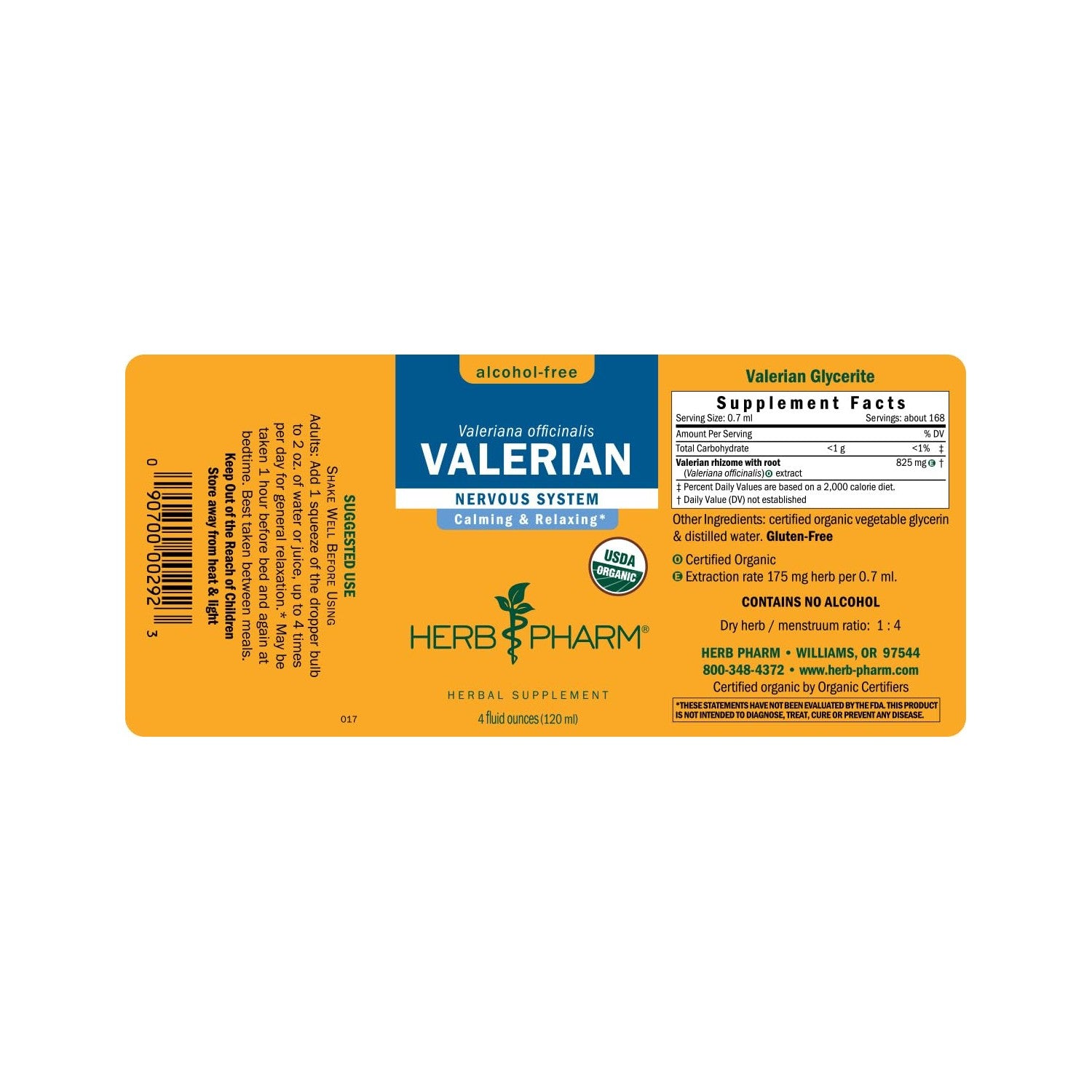 Herb Pharm Valerian Alcohol-Free Extract: Organic Liquid Glycerite for Sleep & Relaxation, Calming Nighttime Sleep Support Supplement for Adults, Sugar-Free, Up to 24 Week Supply, 4 oz