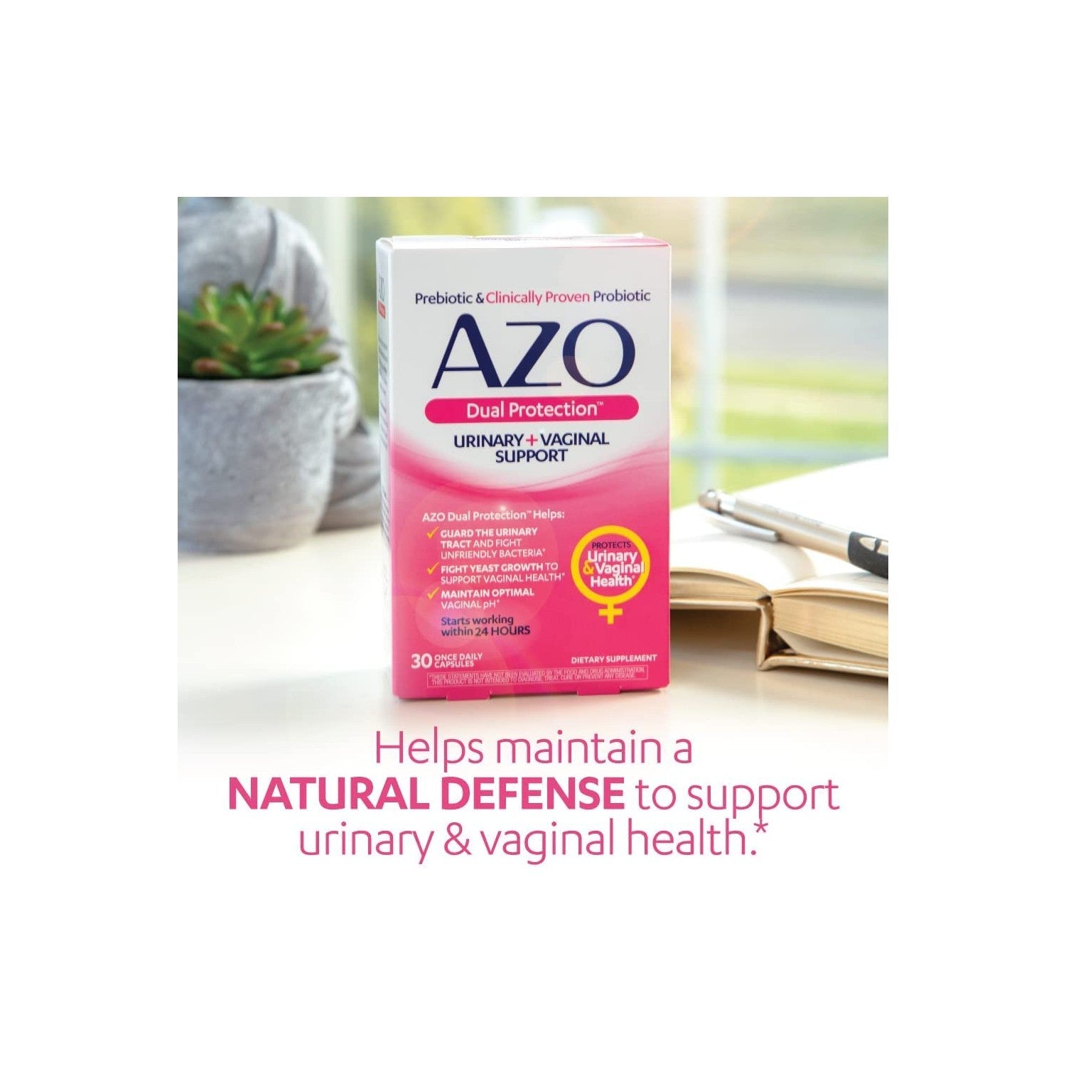 AZO Dual Protection, Urinary + Vaginal Support, Prebiotics and Probiotics for Women*, Starts Working Within 24 Hours, Non-GMO, 30 Count (Pack of 2)