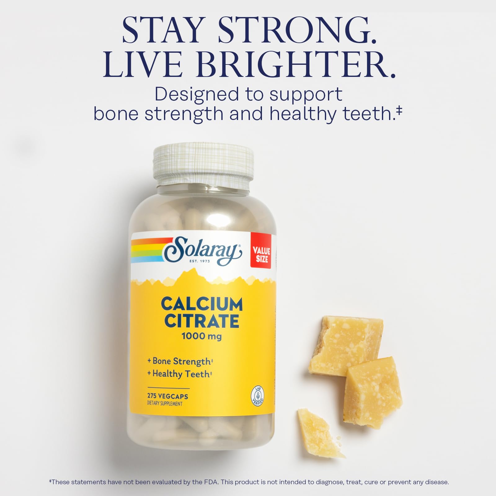 SOLARAY Calcium Citrate 1000 mg, 275 VegCaps | Bone & Teeth Support, Gentle Digestion Formula, 68 Servings, Vegan, Lab Verified