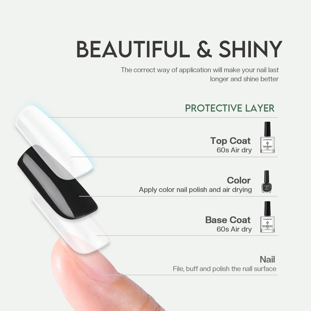Glamonade Base Top Coat Nail Polish: Clear Quick Dry Nail Polish High Shine Long Lasting Glossy Regular Nail Lacquer Air Dry Fast Base Coat for Women Gift Nail Art Manicure Salon Quality