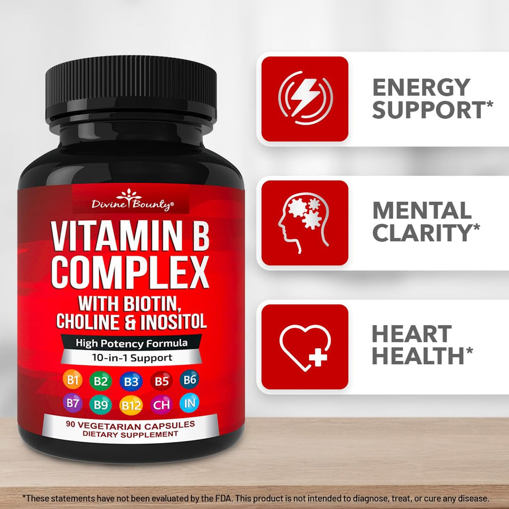 Divine Bounty Vitamin B Complex, All B Vitamins in One Capsule, 90 Count | Super B Complex Vitamins B1 B2 B3 B5 B6 B7 B9 B12 for Men & Women, Supports Healthy Energy Metabolism, Vegetarian Capsules
