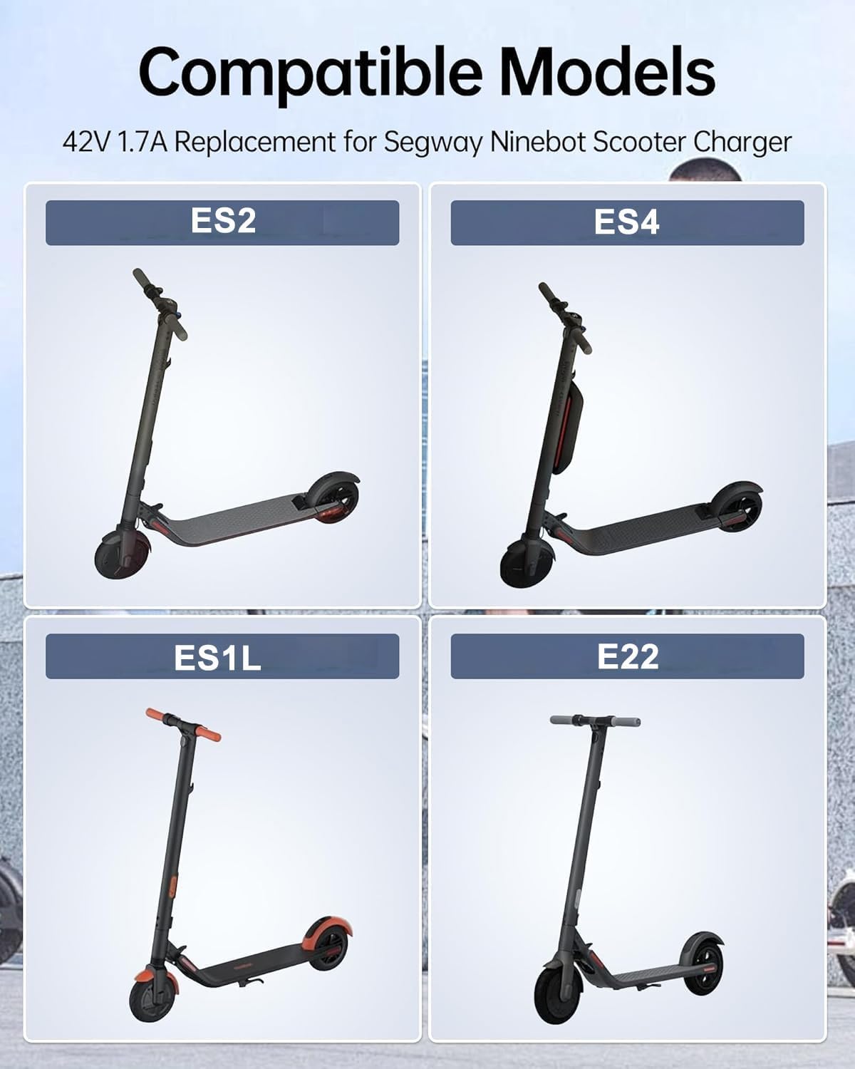 WUKUR 42V 1.7A Charger for Segway Ninebot Scooter Compatible with Ninebot Electric Scooter ES2, ES4, E22, E2 Pro, F20, F25, F30, F40, F2, F2 Plus, F2 Pro, D18, D28, D40, Air T15, NOT for E2/E2 Plus/S2